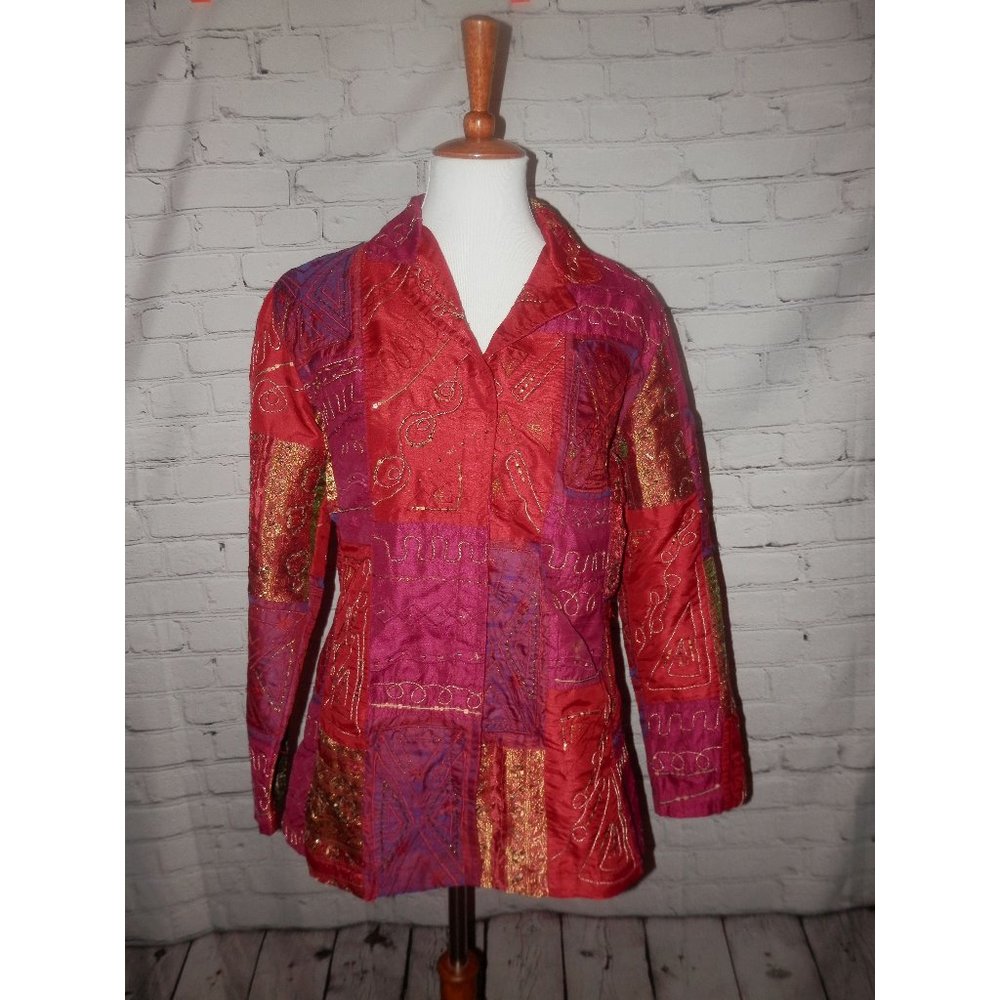 CHICO'S Jacket 1 Medium Red Gold Metallic Shimmer - Picture 1 of 5